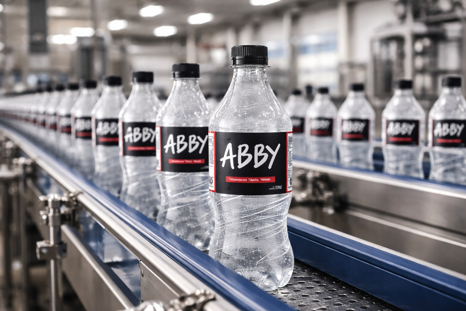 Abby water production facility with bottles on manufacturing line